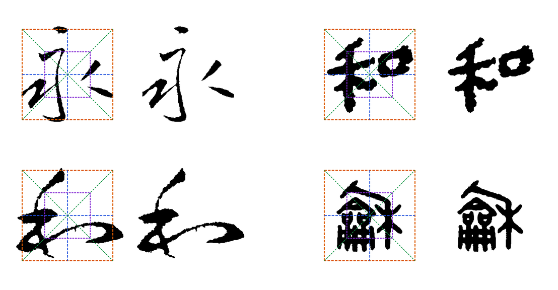 五体对照图 2×2 组：左块为行草（上排“永·行书”、下排“和·草书”），右块为隶篆（上排“和·隶书”、下排“和·篆书”）；每个字一组，左格带字格参考线（外框字格 + 田字格 + 米字格 + 回宫格）、右格为同字同位的净版